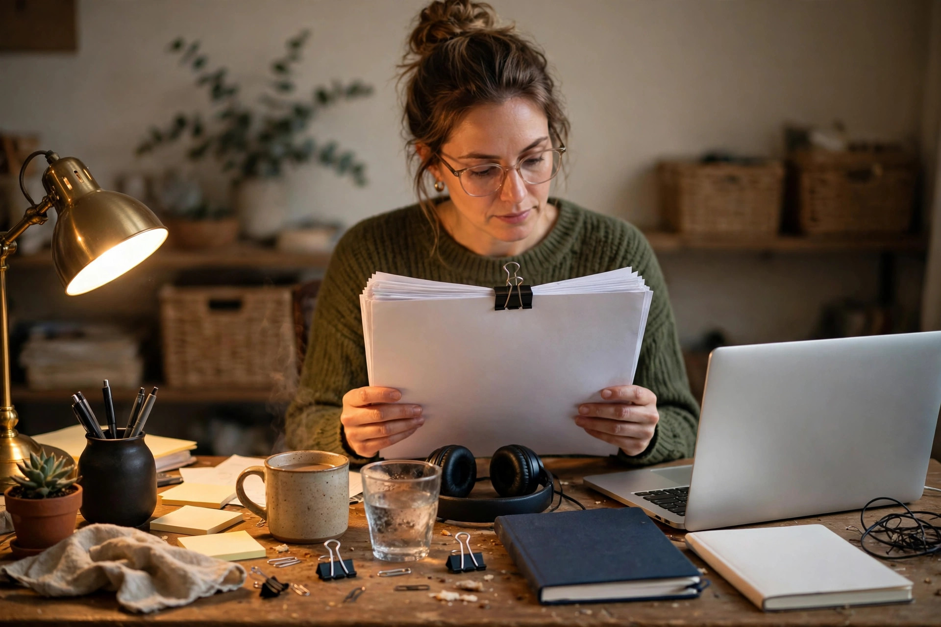 A thick report document being read at a desk with a laptop